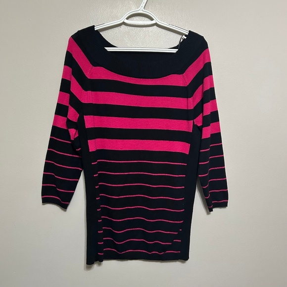 Women's Sweater XL Black Pink Stripe Colorblock Boat Neck 3/4 Sleeve Casual Top - Picture 1 of 8